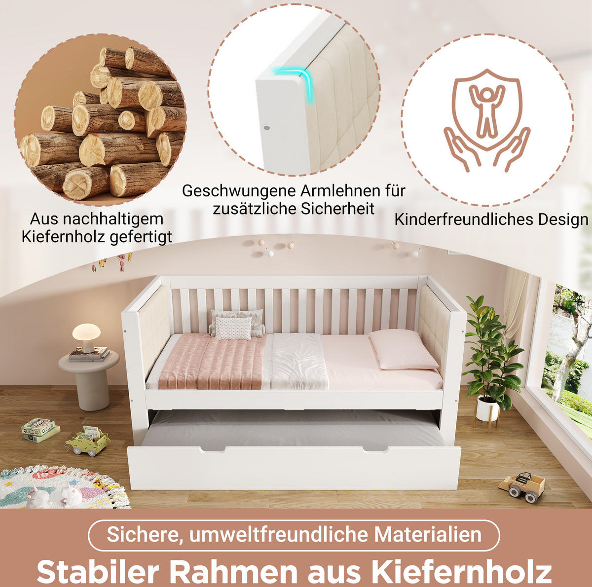 DENNÁ posteľ 90/200 cm biela s výsuvným lôžkom z masívneho dreva - biela, textil (90/200cm) - OKWISH