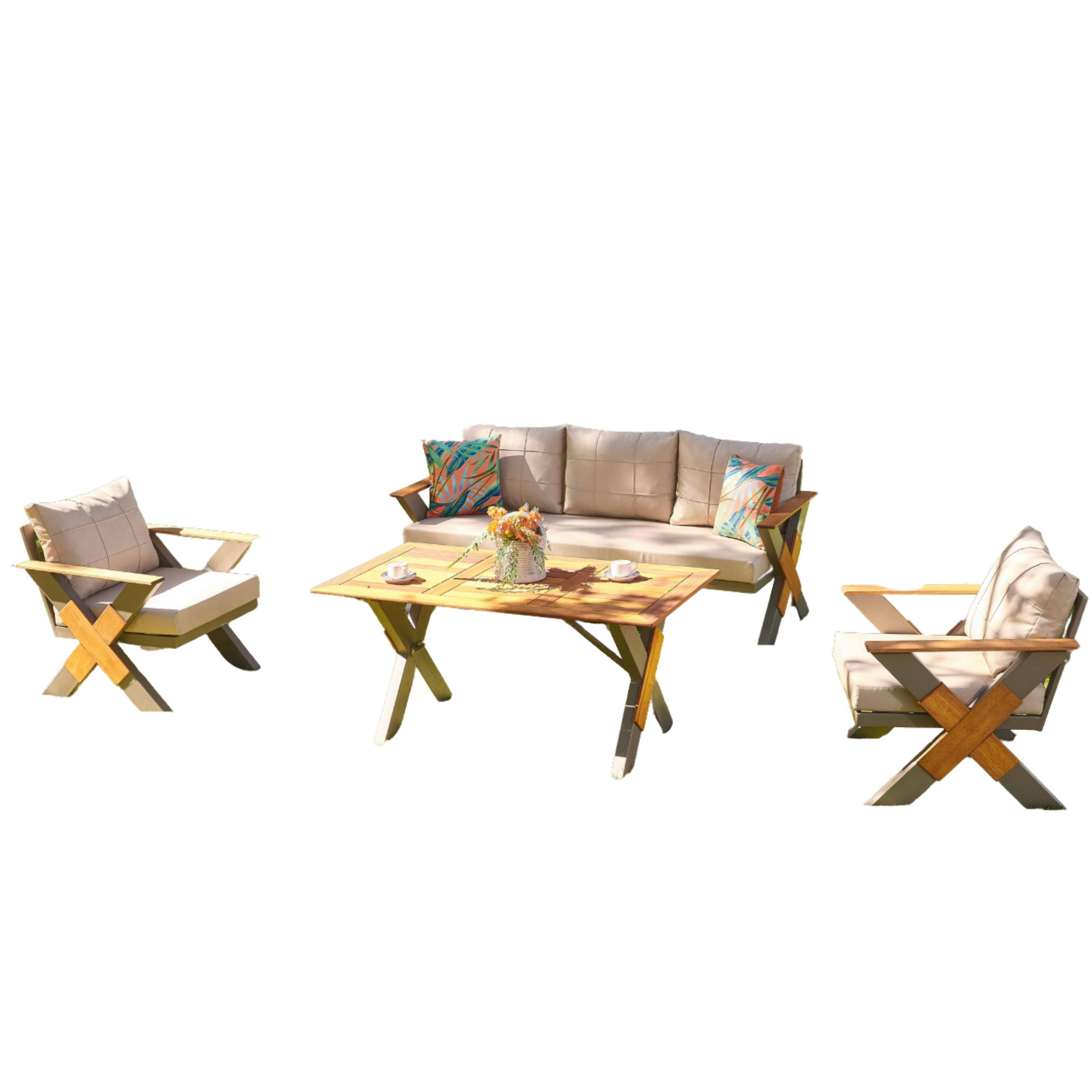 GARTENMÖBEL-SET 4-tlg. aus Irokoholz Lotus Beige - Beige, Holz/Metall - Gowoll