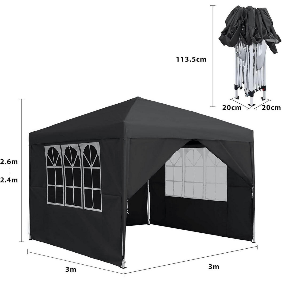 FALTPAVILLON 3 x 3 m Anthrazit mit 4 Seitenteilen und Fenstern - Schwarz, Textil (300/260/300cm)