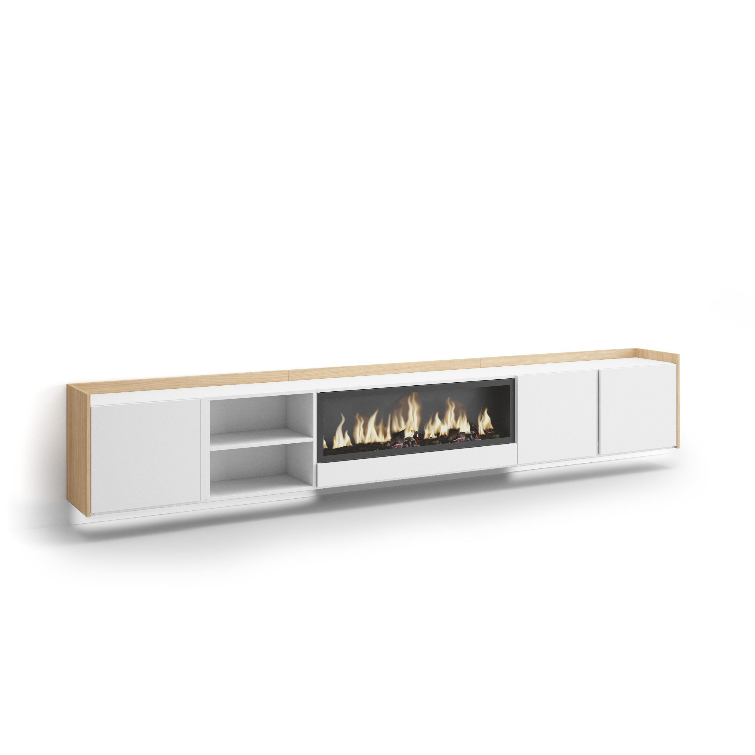 LOWBOARD, Weiß und Eiche, 315/35/50cm, Kamin mit Feuereffekt XXL - Weiß, Holzwerkstoff (315/50/35cm) - Skraut Home