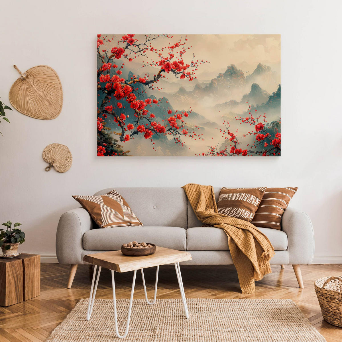 LEINWANDBILD für Wohnzimmer Blumen Berge Landschaft 120cm x 80cm - Beige/Rot, Textil (120/80cm) - Muralo