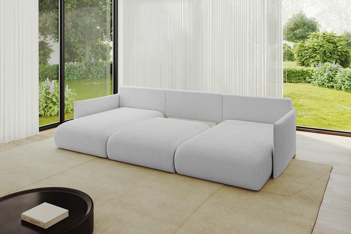 WOHNLANDSCHAFT mit Schlaffunktion und Bettkasten ONESK-U 317x177x72 Hellgrau Bouclé - Hellgrau, Holzwerkstoff/Kunststoff (317/72/177cm) - ALTDECOR