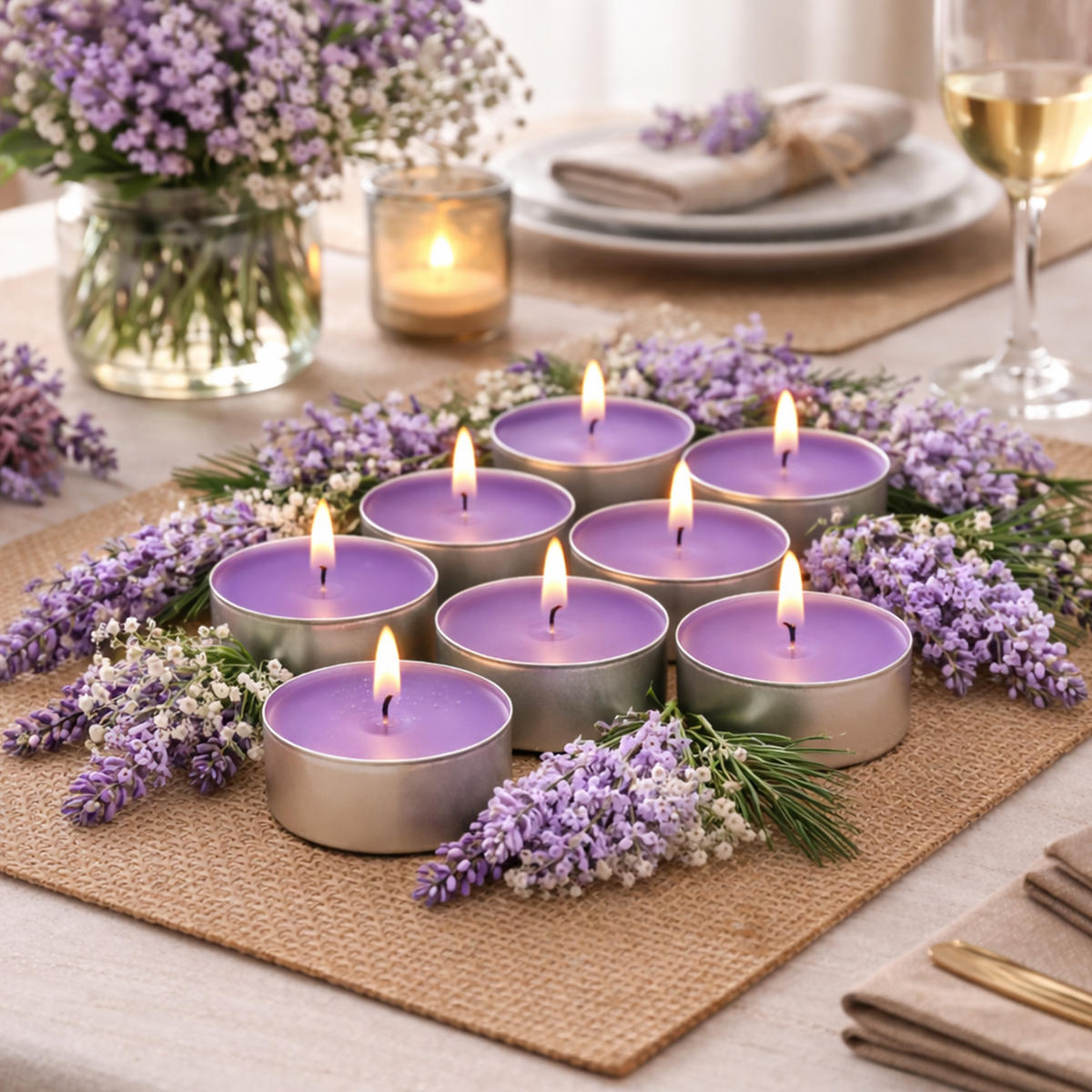 TEELICHT mit Duft - Flieder - 54er Pack - Flieder, Naturmaterialien (4/1.5/4cm) - HS Candle