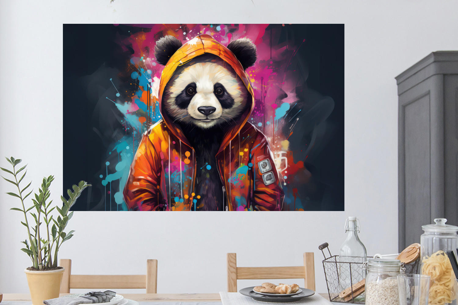 WANDTATTOO Panda - Jacke - Graffiti - Orange 120x80 cm - Orange, Kunststoff (120/80/0.1cm) - MuchoWow