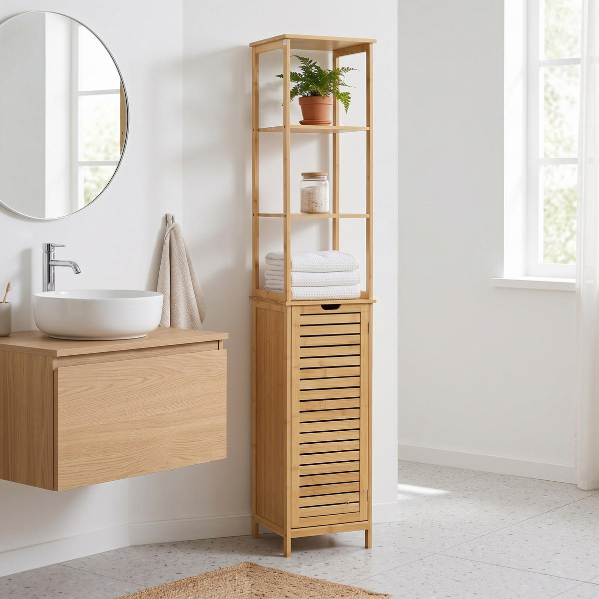 BADEZIMMERSCHRANK Bambus Hochschrank mit 3 offenen Fächern & Lamellentür - Naturfarben, Naturmaterialien (34/173/30cm) - Urban Meuble