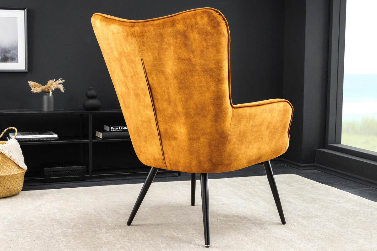 SESSEL SCANDINAVIA Samt Senfgelb 100 cm - Gelb/Schwarz, Textil/Metall (72/98/79cm) - riess-ambiente