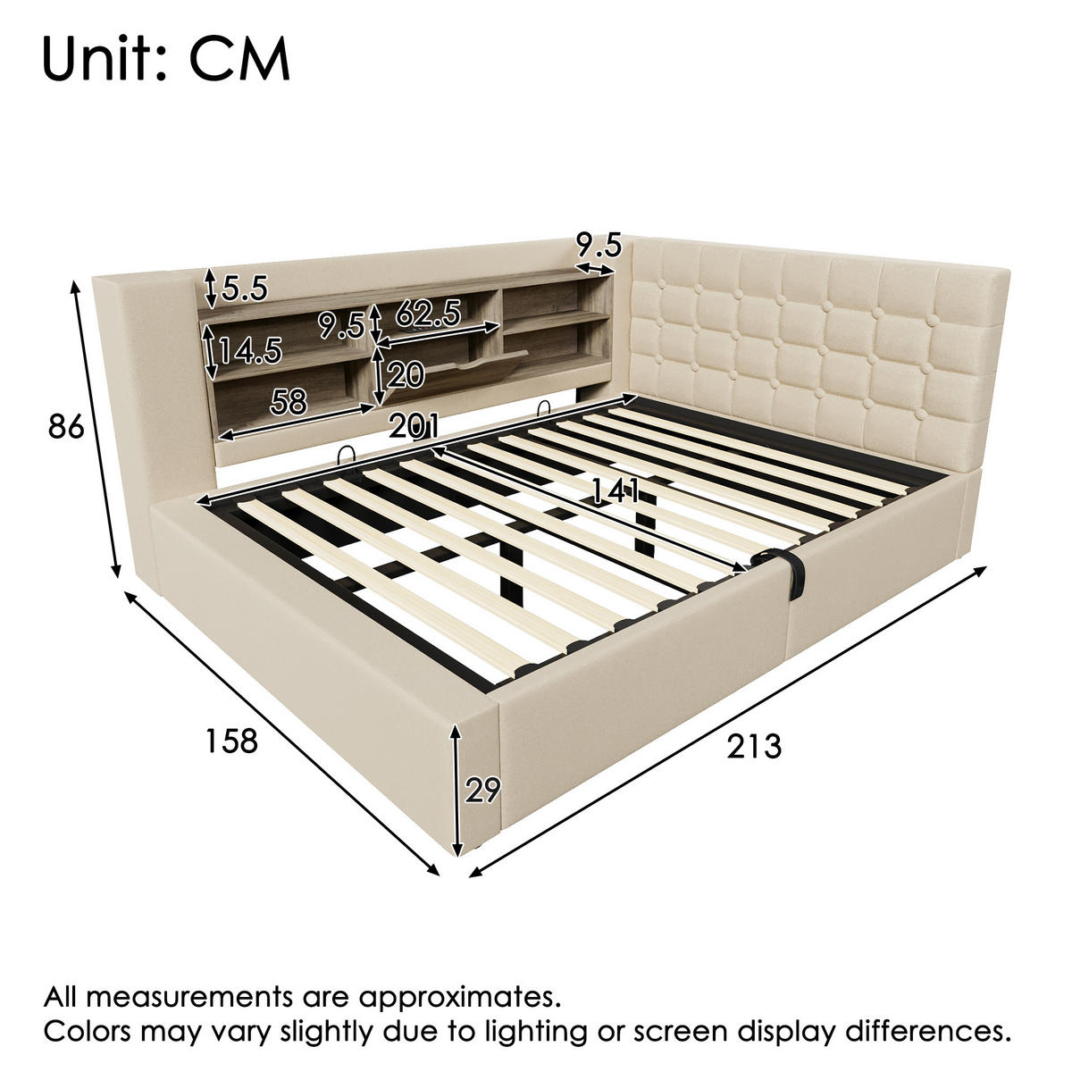 POLSTERBETT 140/200 cm mit LED-Beleuchtung, USB-Anschlüssen, hydraulischem Stauraum und flexiblem L-Kopfteil, Beige - Beige, Textil (140/200cm) - Redom