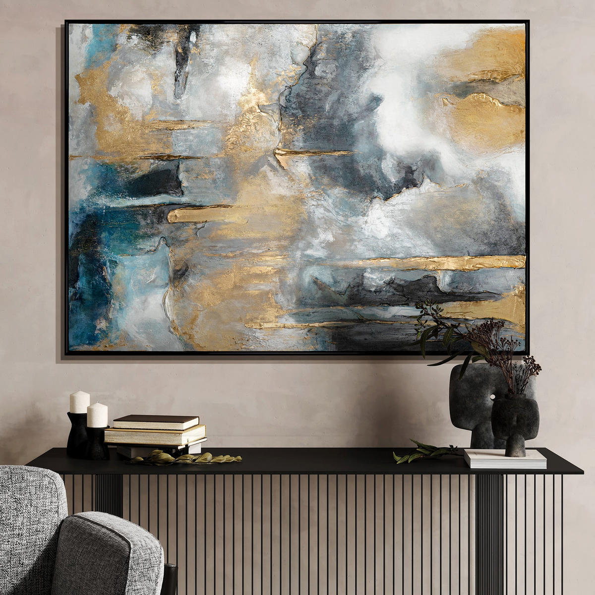GEMÄLDE Goldene Konsonanzen II Schattenfugenrahmen Schwarz 120x80 cm - Schwarz, Holz (120/80cm) - YS-art gallery