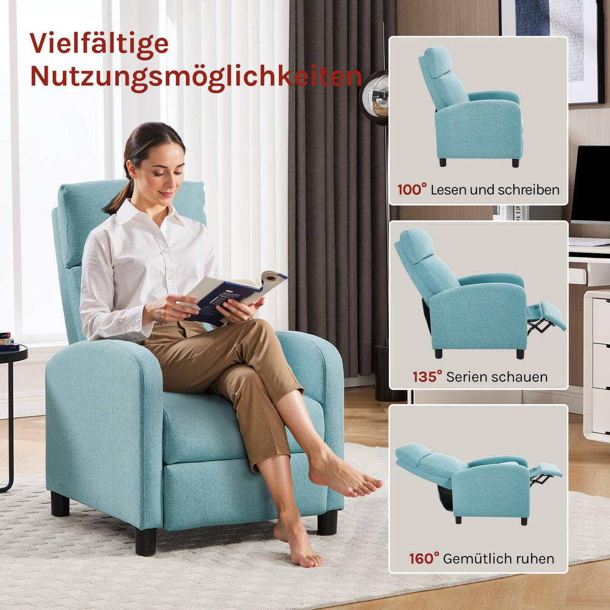 RELAXSESSEL mit Liegefunktion, Leinen , Blau - Blau/Schwarz, Textil/Metall (65.5/102/89cm) - Woltu