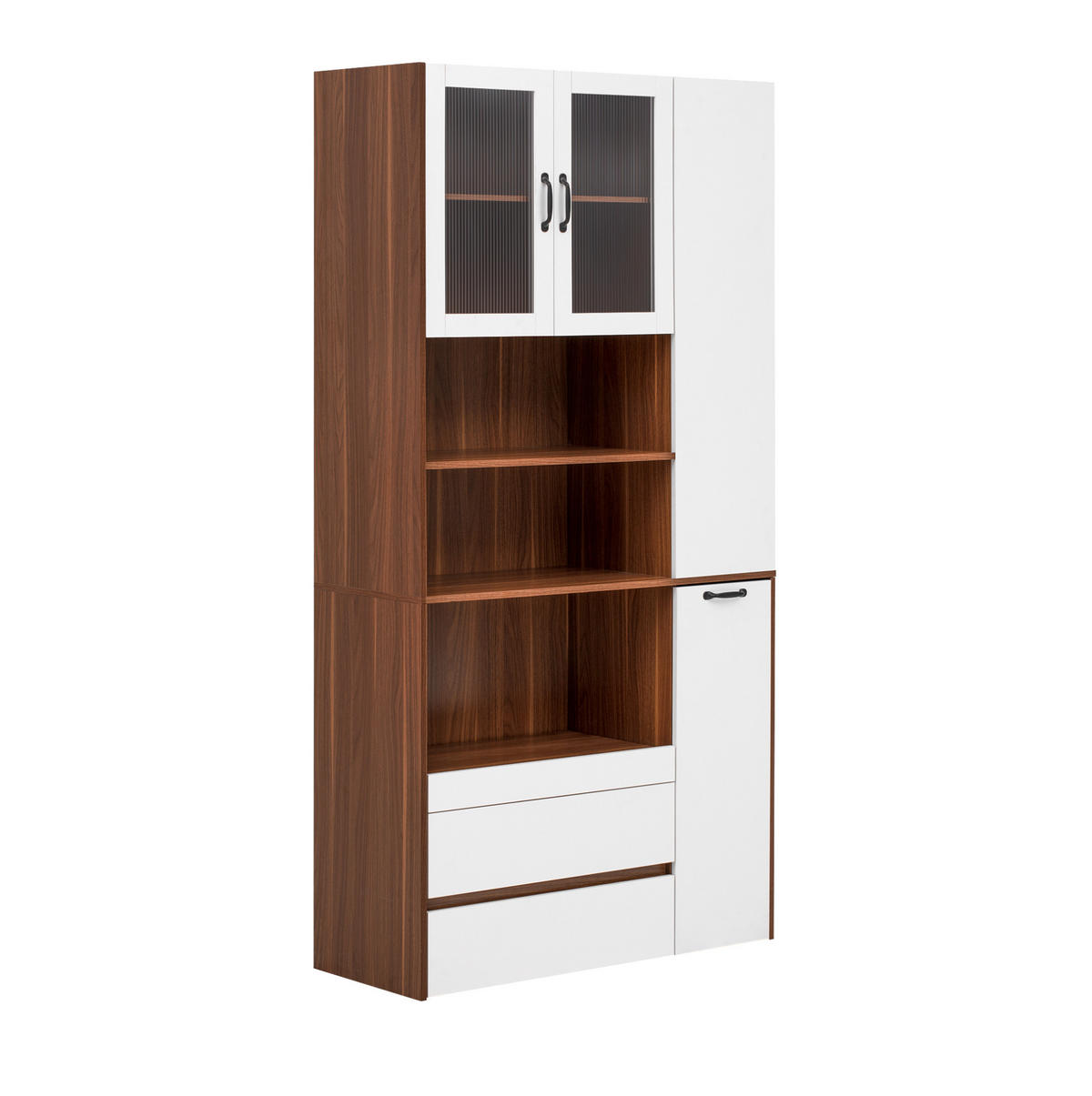 HIGHBOARD 100/40/200 cm in Weiß/Nussbaum mit Riffelglas und 2 Schubladen - Weiß, Holzwerkstoff (100/200/40cm) - Flora Grace