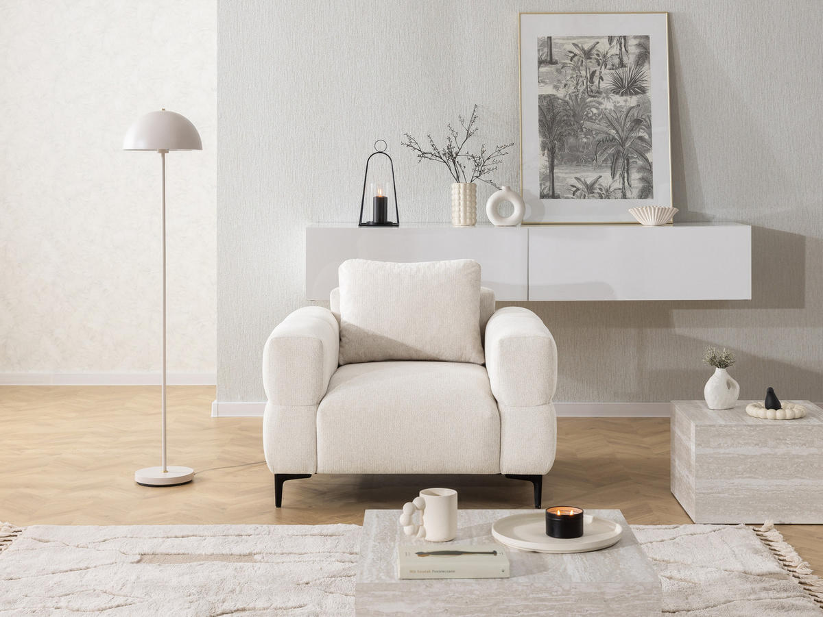 SEDACIA ZOSTAVA 3+2+1 Cardea v bublinkovom vzhľade z mäkkej krémovej štruktúrovanej látky - čierna/krémová, kov/drevo (217/80/97cm) - S-Style Möbel