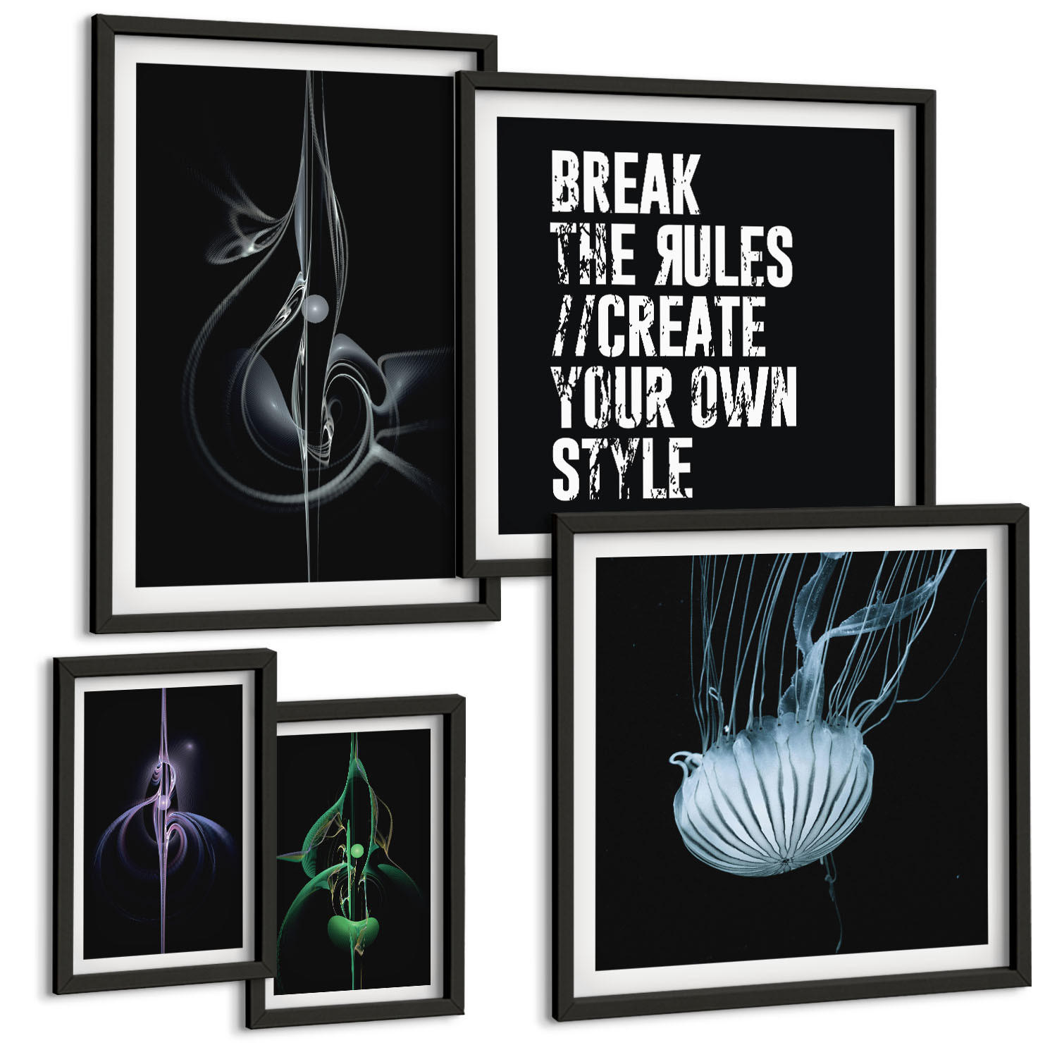 BILDER SET 5er Set - 50x50 cm & 20x30 cm & 40x60 cm Schwarzer Rahmen - Abstrakte Darstellung von grauen Katzenrosen - Schwarz, Kunststoff (40/60cm) - TULUP