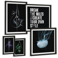BILDER SET 5er Set - 50x50 cm & 20x30 cm & 40x60 cm Schwarzer Rahmen - Abstrakte Darstellung von grauen Katzenrosen - Schwarz, Kunststoff (40/60cm) - TULUP