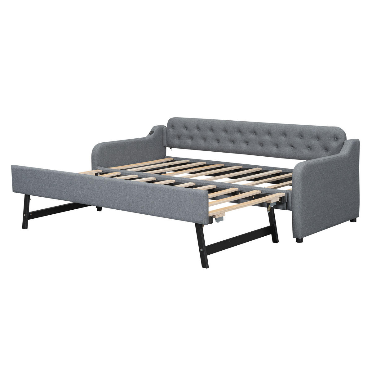 BETT Ausziehbar 90/200 cm mit USB-Anschluss Grau Leinen - Grau, Textil (90/200cm) - OKWISH