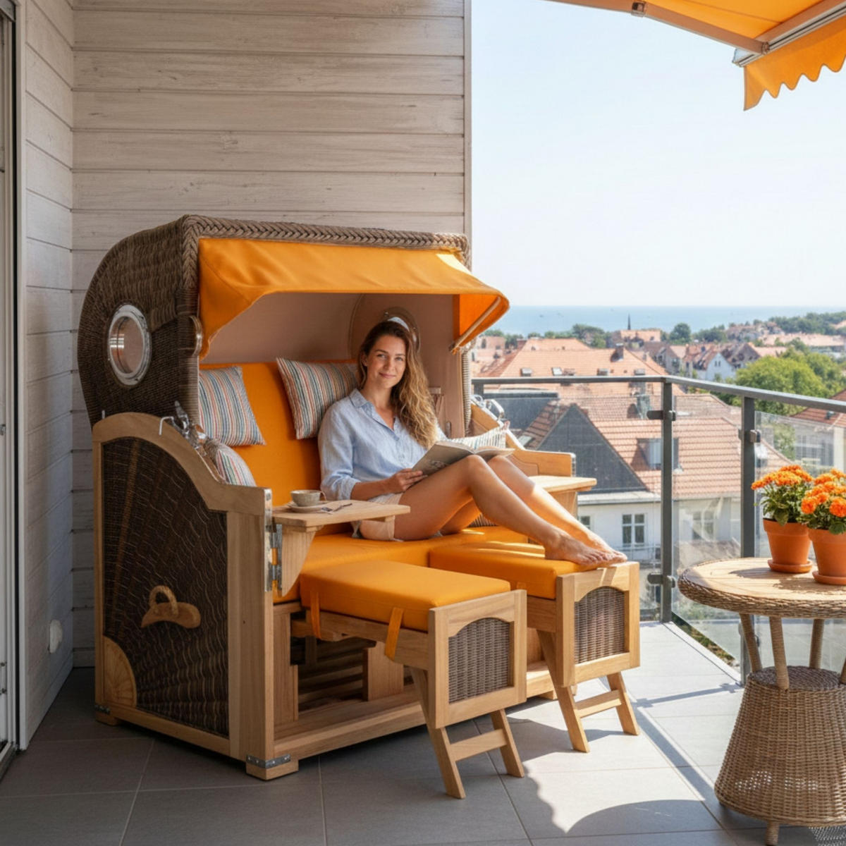 STRANDKORB Düne Grande Bullauge Teak PE Grey Dessin 586 - Gelb/Braun, Metall (142/170/95cm) - Mr. Deko