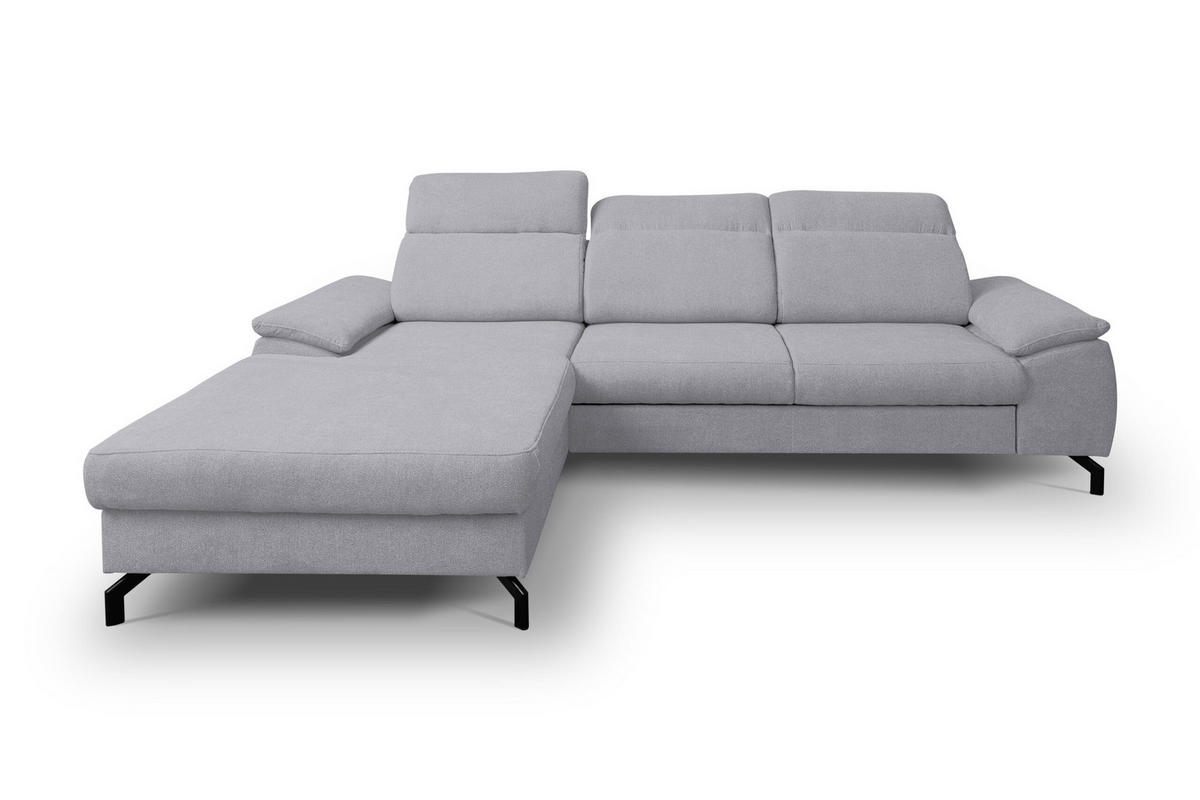 ECKSOFA MALIBU mit Schlaffunktion und Bettkasten, Farbe: Helgrau, Velourstoff, Ottomane Links - Hellgrau, Textil (276/184cm) - VENASI MÖBEL