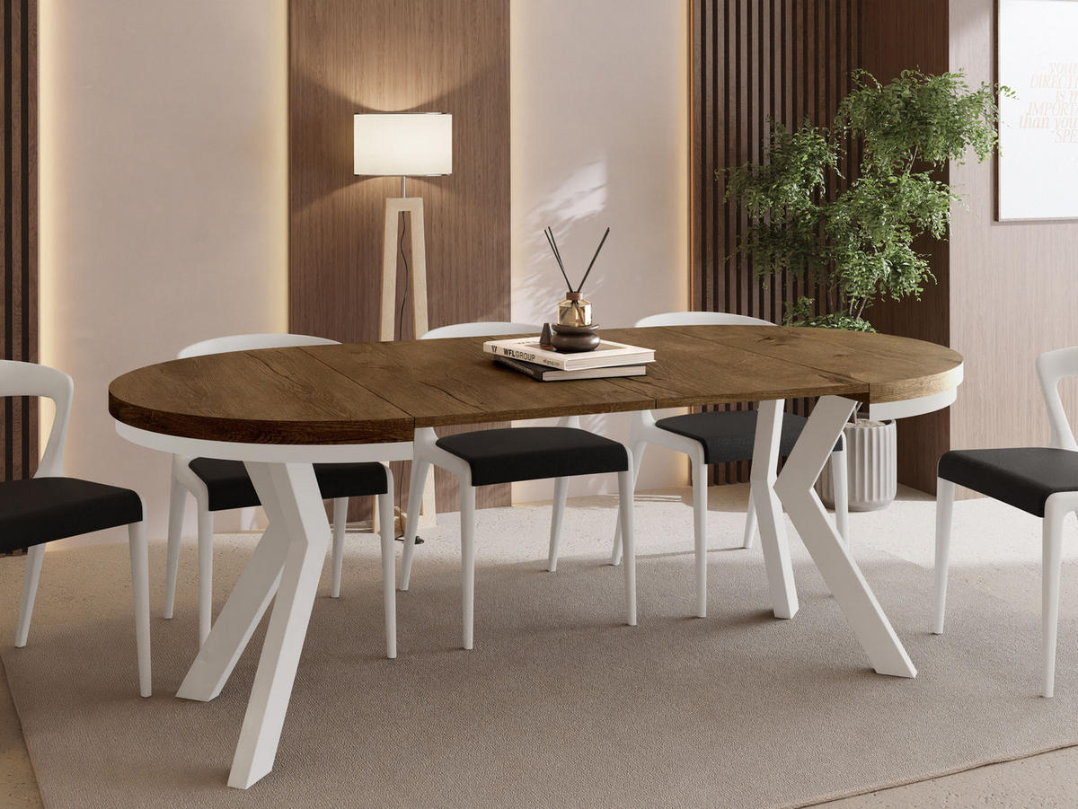 ESSTISCH Savio Weiß Neo rund ausziehbar verlängerbar XXL, Eiche Braun Rustikal 100-300/100/77 cm - Alteiche/Weiß, Holz/Holzwerkstoff (100/100/77cm) - WFL GROUP