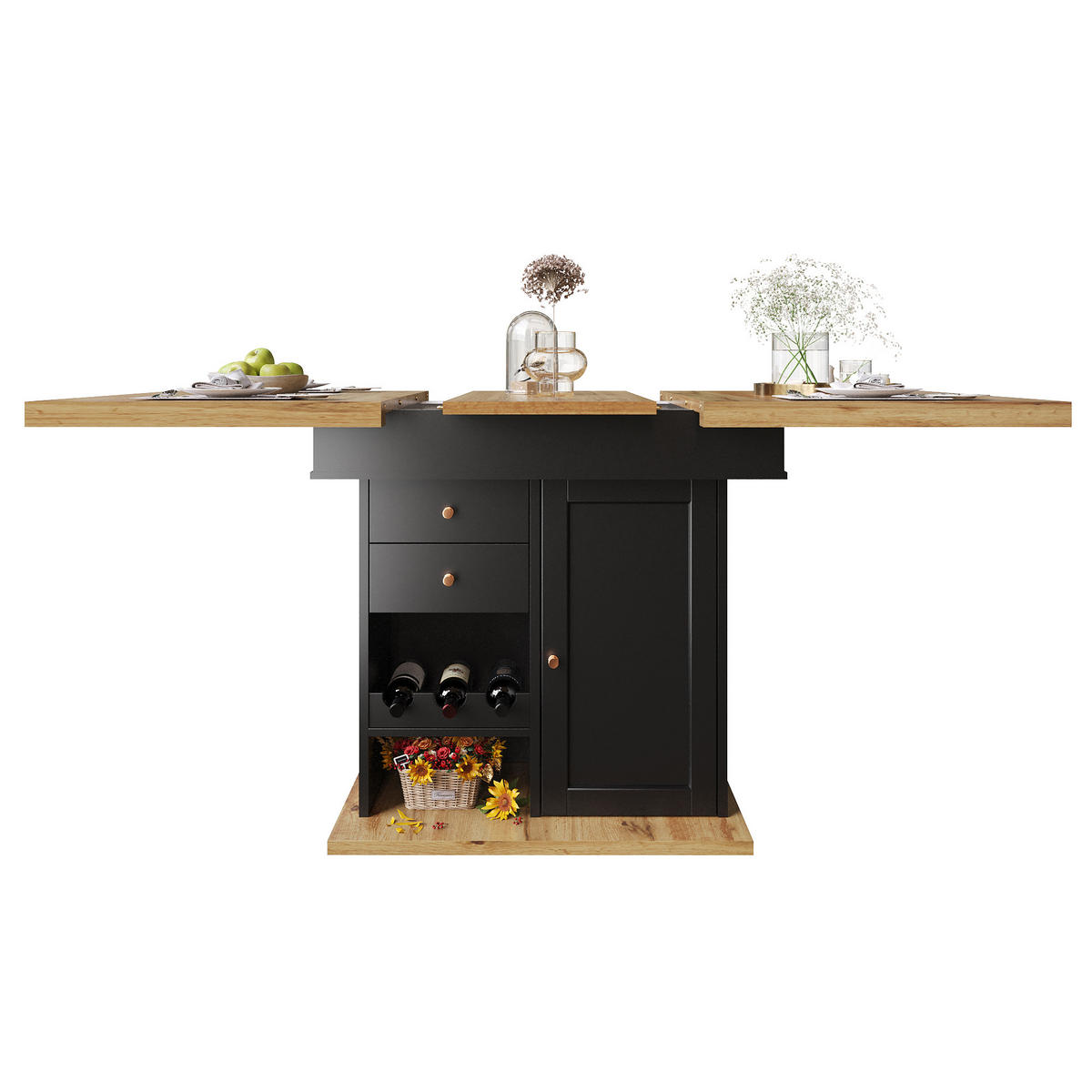 ESSTISCH aus MDF 110-140x80x75 cm Schwarz/Natur mit Auszug, Stauraum und Snack-/Weinregalen - Schwarz, Holzwerkstoff (110/80/75cm) - Modfu
