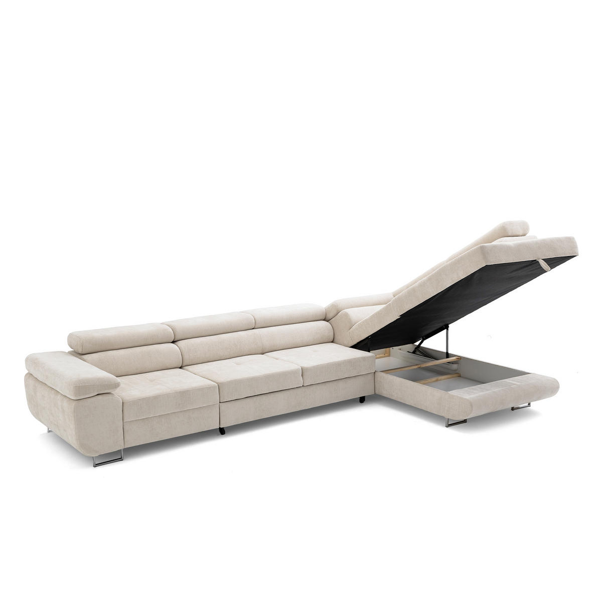 ECKSOFA WILD MAXI L Rechts mit Schlaffunktion 125x195 Chenille Beige - Chromfarben/Beige, Holz/Textil (350/203cm) - Muffo