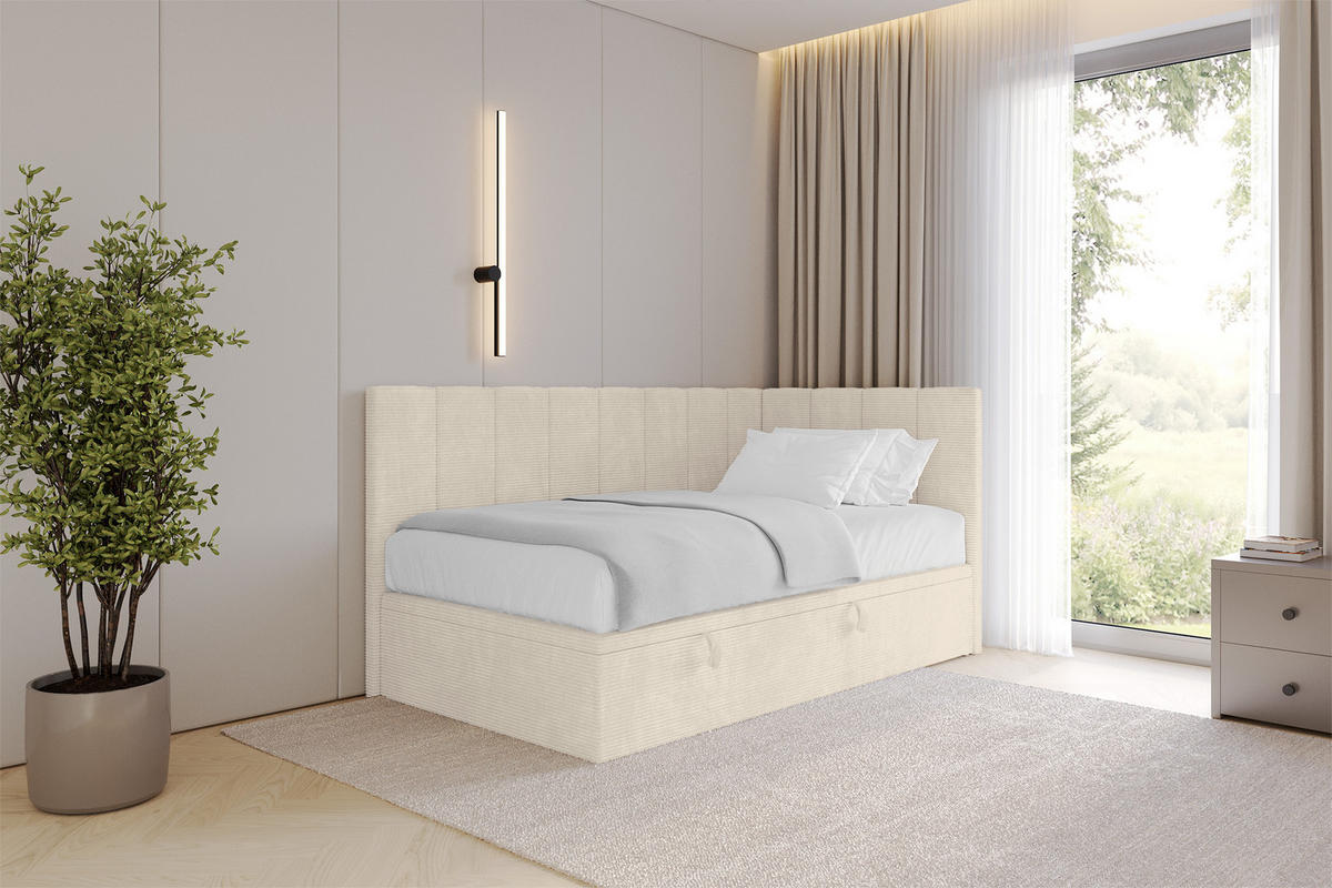 EINZELBETT Jugendbett mit Bettkasten Links, mit Matratze - LOVY 90x200 Beige - Sandfarben, Holzwerkstoff/Textil (90/200cm) - ALTDECOR