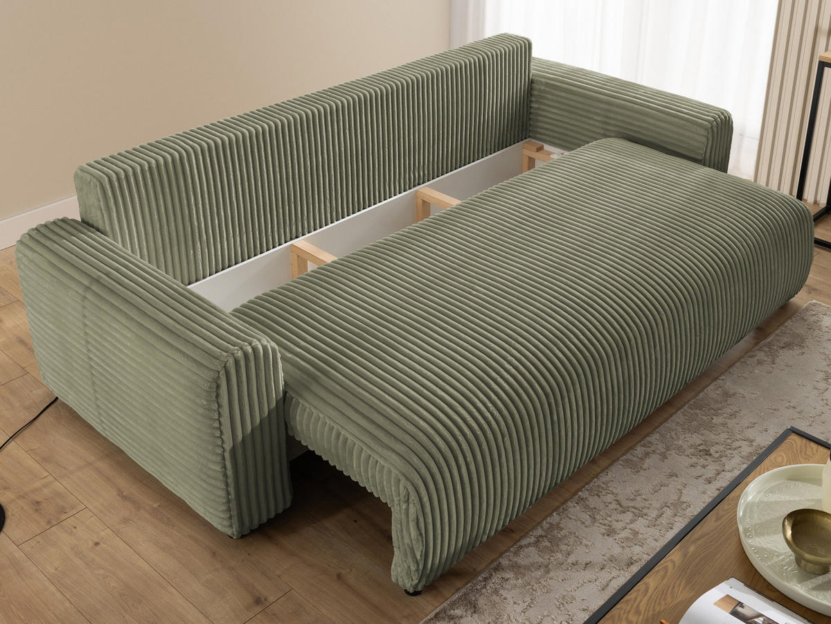 SCHLAFSOFA Calma mit Bettkasten im Bumpy-Design aus weichem Olive Plüschcord - Schwarz/Olivgrün, Holz/Kunststoff (239/88/98cm) - S-Style