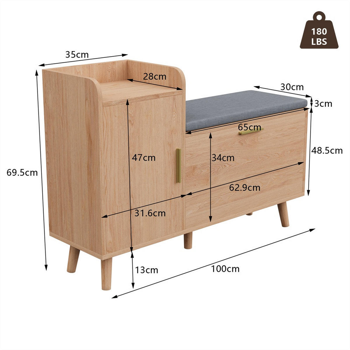 SCHUHBANK mit Sitzkissen und Kippfach - Mehrzweck-Schuhschrank mit Tür und offenem Ablagefach - Natur und Dunkelgrau - Eichefarben, Holzwerkstoff (30/69.5/100cm) - DELFA