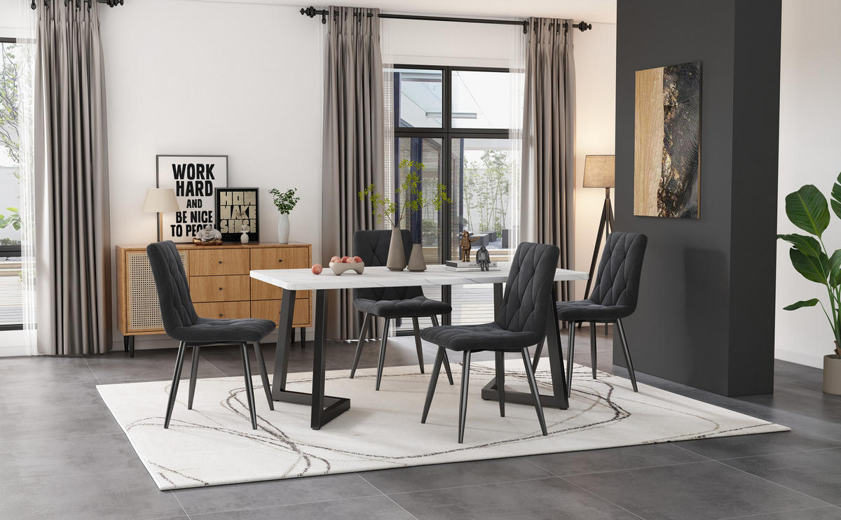 ESSZIMMER-SET mit Marmoroptik-Tisch und vier grauen Samtstühlen als moderner Küchentisch, weiß-grau - Grau, Holzwerkstoff (68/75/117cm) - Luhomfu
