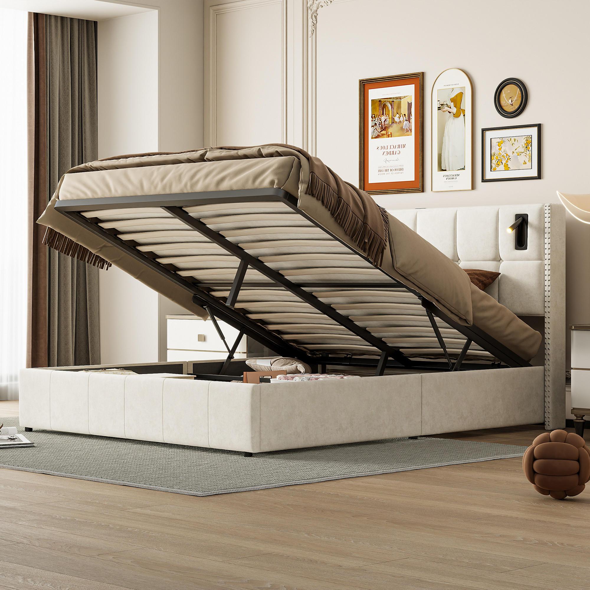 POLSTERBETT 160x200 cm, Beige, Leselampe - Beige, Textil/Metall (160/200cm)