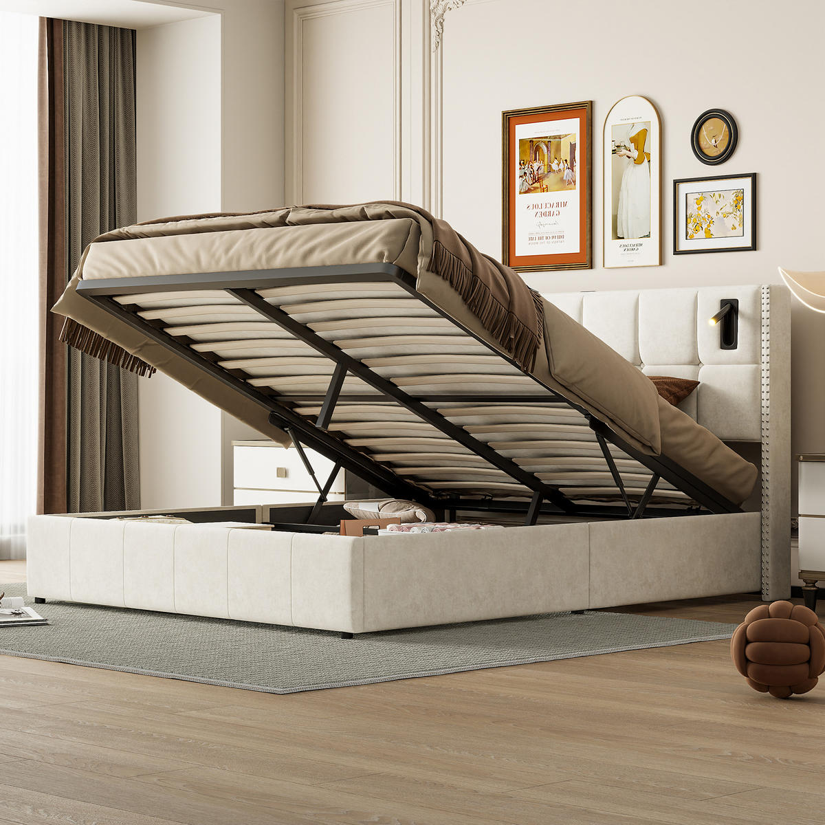 POLSTERBETT 160x200 cm, Beige, Leselampe - Beige, Textil/Metall (160/200cm)
