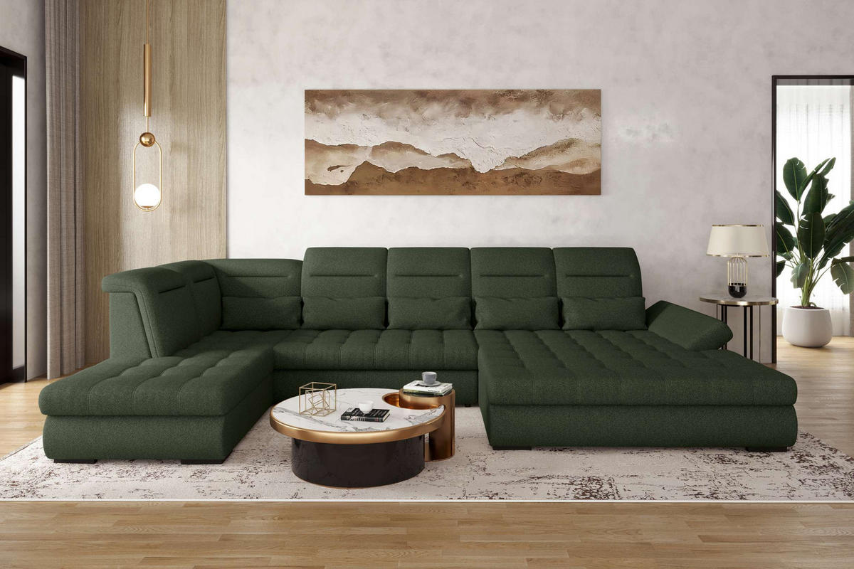 WOHNLANDSCHAFT Toscana Velours inkl. Schlaffunktion - Olivgrün, Textil (358/87/208cm) - 99rooms