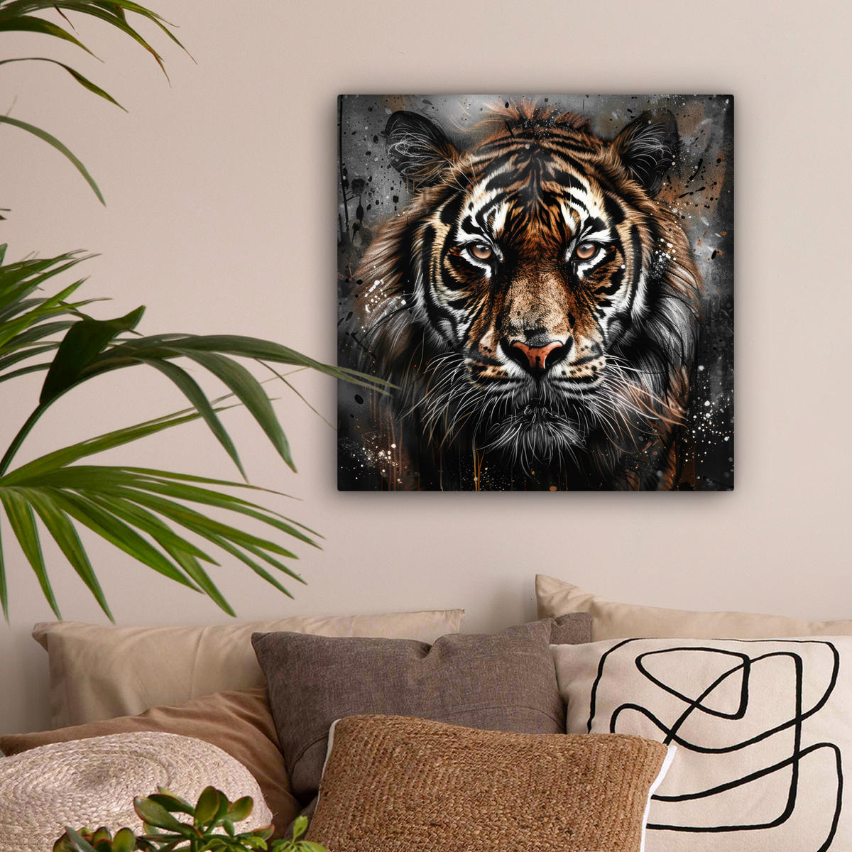 LEINWANDBILD Tiger - Tiere - Porträt - Luxus - Schwarz 50x50 cm - Anthrazit, Textil (50/50cm) - MuchoWow