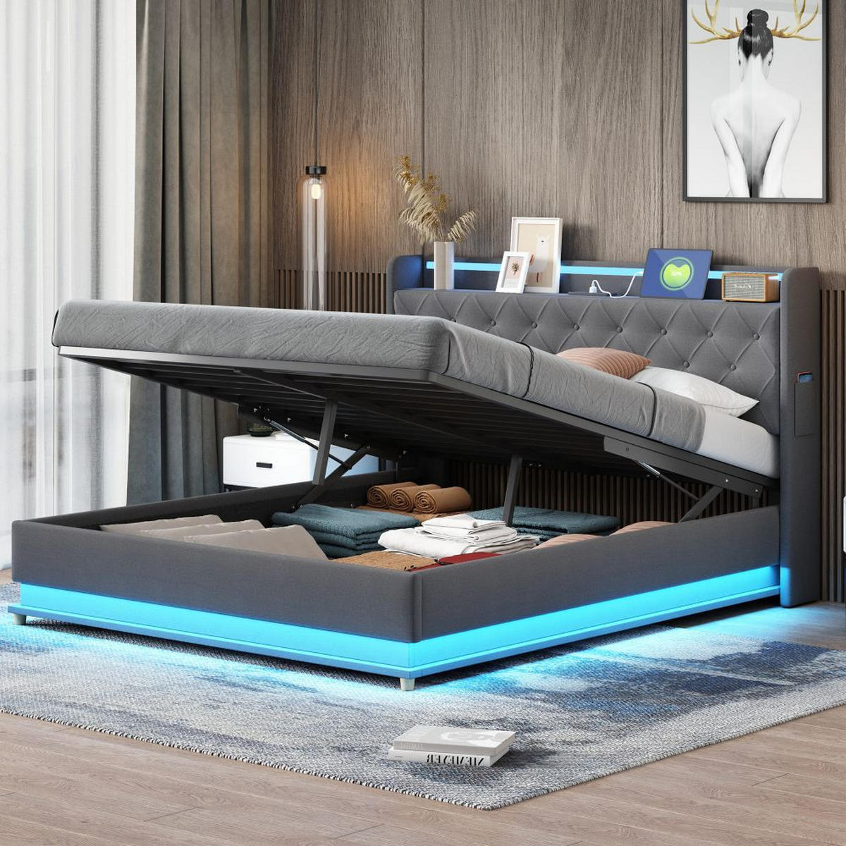 POLSTERBETT 160x200cm, mit USB-Ladeanschluss, Leinen, Grau - Grau, Textil/Metall (160/200cm) - KOMHTOM
