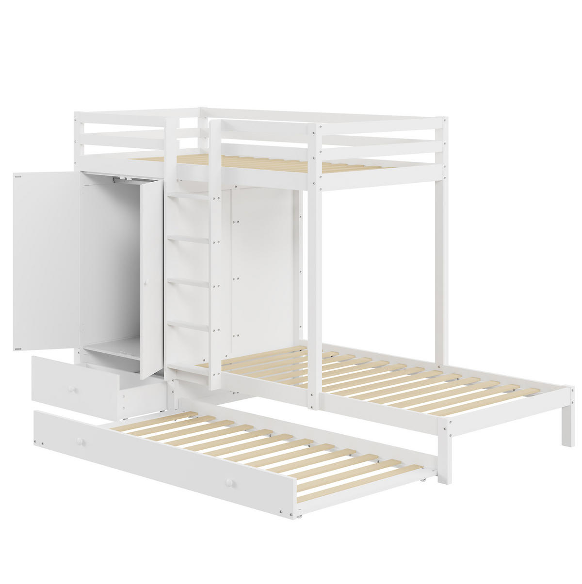 ETAGENBETT aus Massivholz 90x200 cm Weiß mit Ausziehbett, Kleiderschrank, Schubladen und Ablage - Weiß, Holz (90/200cm) - Modfu