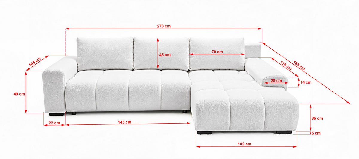 ECKSOFA Ovia mit Bettkasten und Schlaffunktion, Bouclé-Stoff in L-Form - Weiß, Textil (270/185cm)