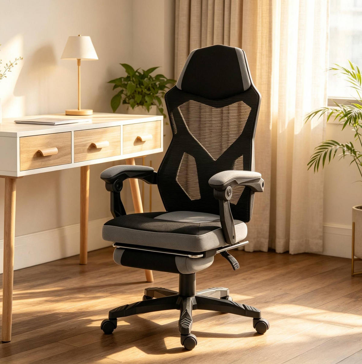 GAMING-BÜROSTUHL in Schwarz-Grau 63x58x122 cm mit verstellbarer Sitzhöhe und klappbarer Fußstütze - Schwarz, Kunststoff (58/122/63cm) - IVMEU