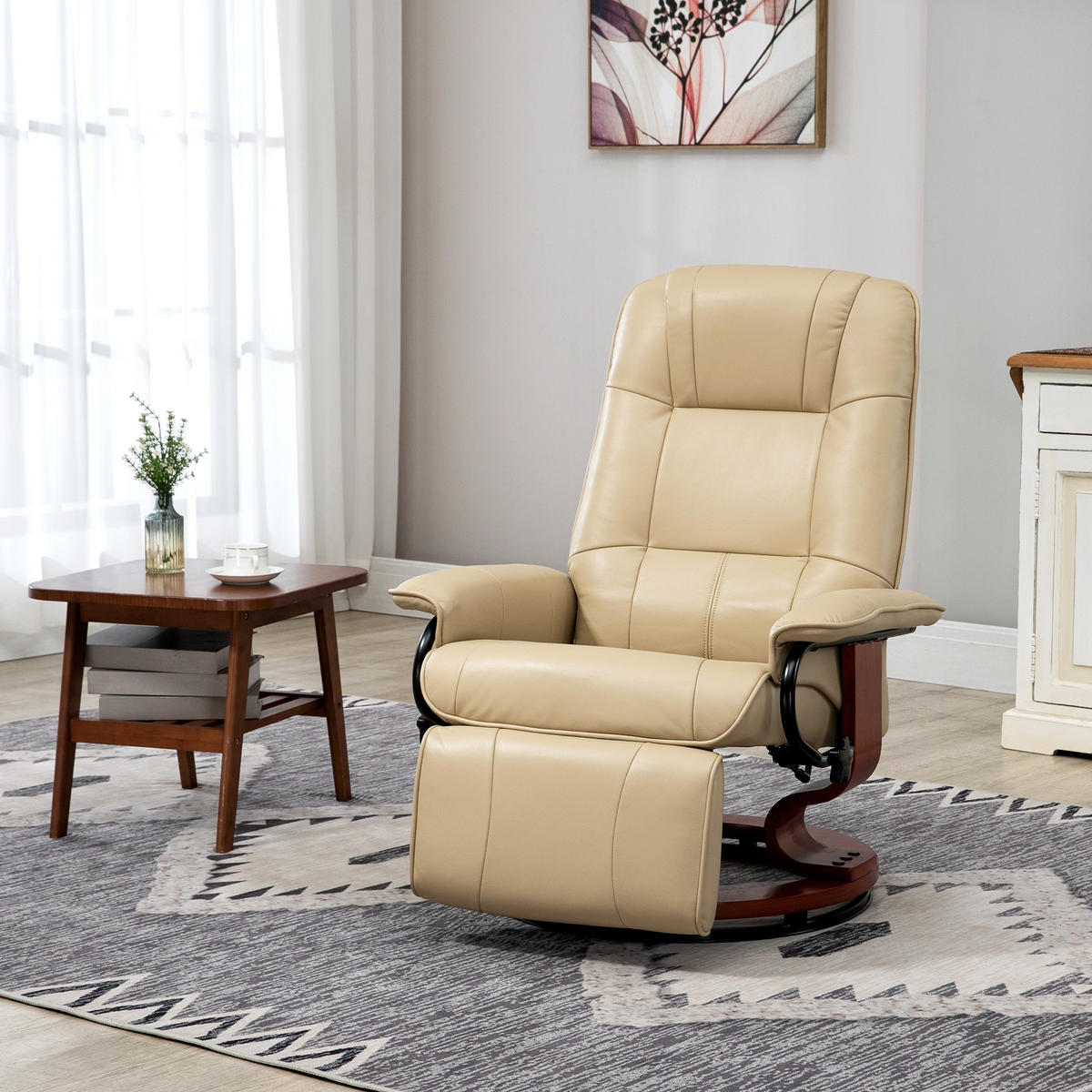 RELAXSESSEL Fernsehsessel mit Liegefunktion, Fußstütze für Wohnzimmer Creme - Creme/Braun, Leder/Holz (87/100/78cm) - HOMCOM