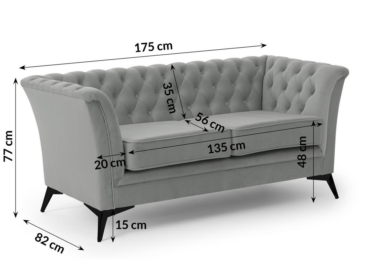 SITZGARNITUR 3+2+1 Chesterfield Whitby Grau Samt mit schwarzen Füßen - Schwarz/Grau, Holz/Textil (237/78/82cm) - S-Style Möbel