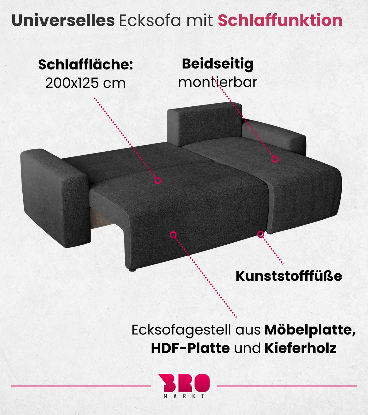 ECKSOFA PLUSH mit Schlaffunktion Anthrazit Boucle - Anthrazit, Textil (240/145cm) - Bromarkt