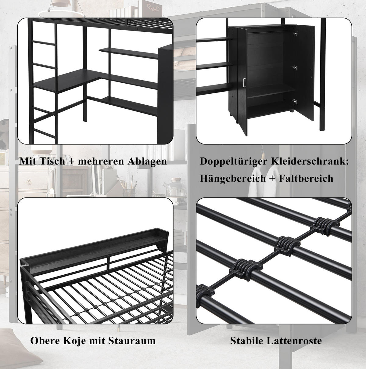 ETAGENBETT 90/200 cm in Schwarz mit Tisch und Kleiderschrank - Weiß, Metall - BEAOK
