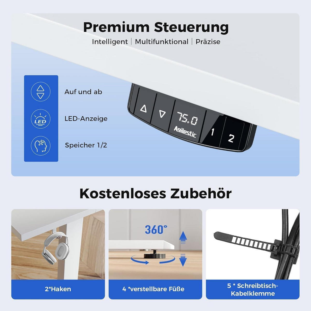 SCHREIBTISCH Höhenverstellbar Elektrisch 100 x 60 cm Weiß - Weiß, Holzwerkstoff (100/60/75cm)