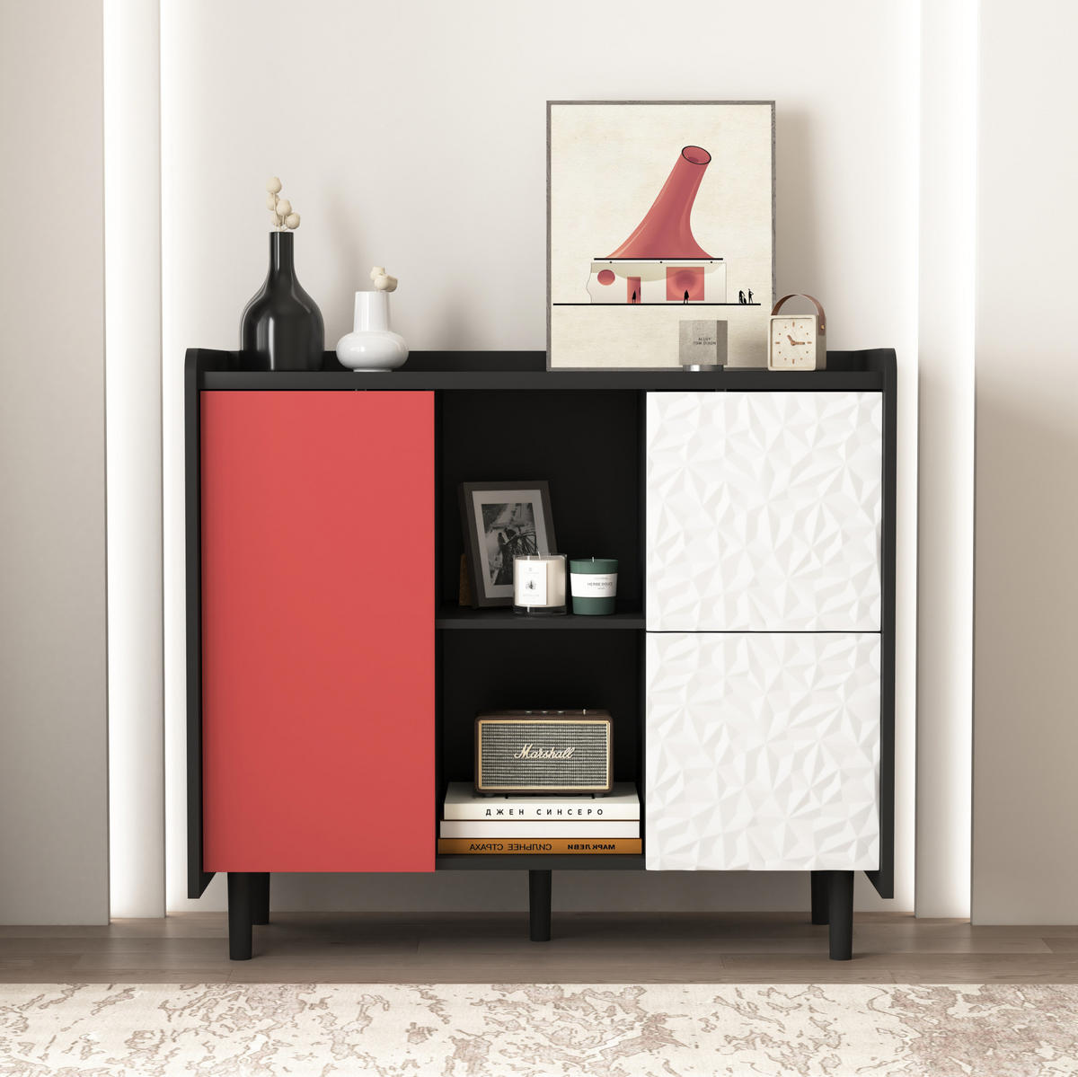 SIDEBOARD 90/40/80 cm, 2 Schubladen, offenes Fach und Tür, MDF Schwarz/Rot, Schwarz/Rot - Rot, Holzwerkstoff (90/80/40cm) - Redom