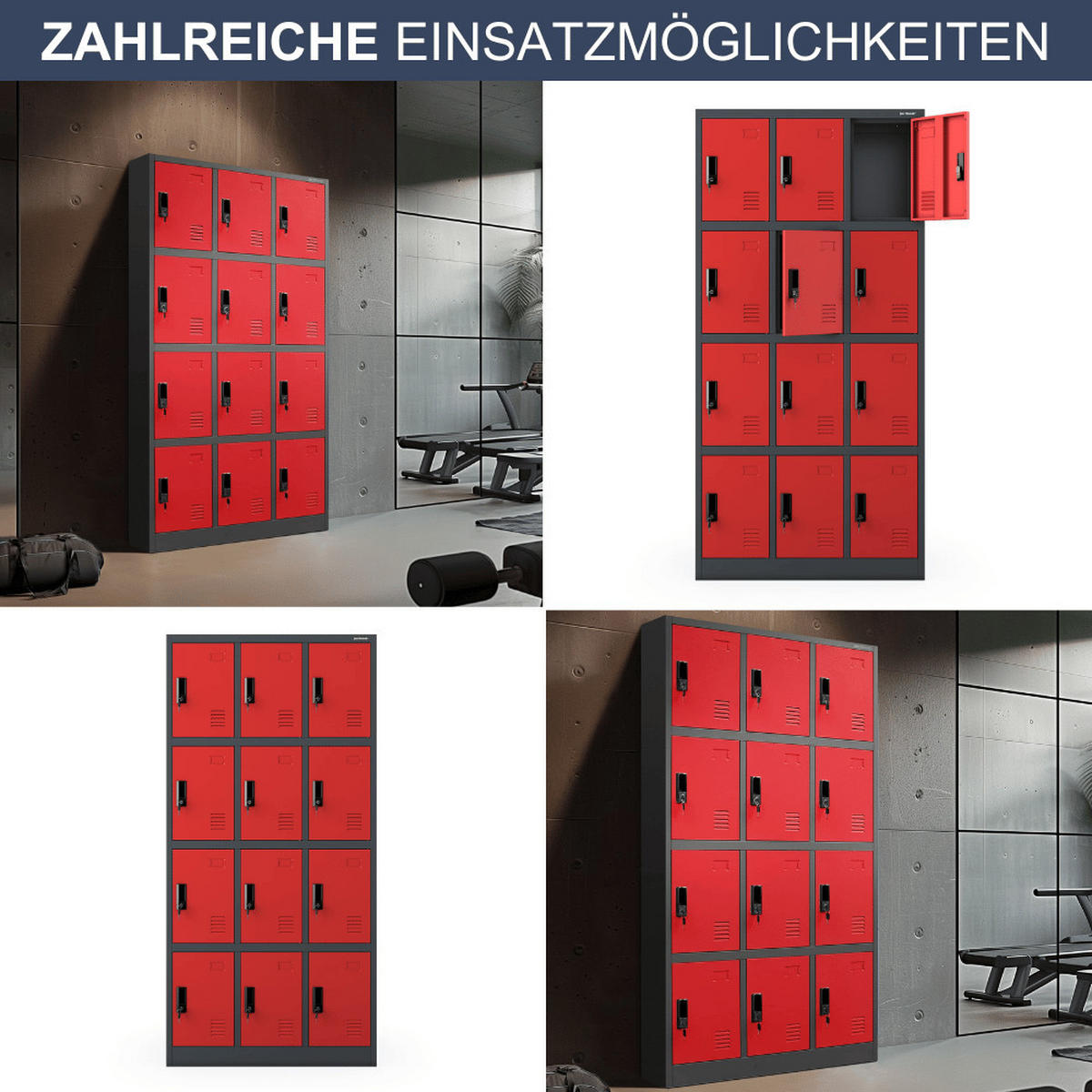 SCHLIESSFACHSCHRANK Spind BERN 12 Fächer185x90x40cm Anthrazit-Rot - Anthrazit, Metall (90/185/40cm) - DELUKE