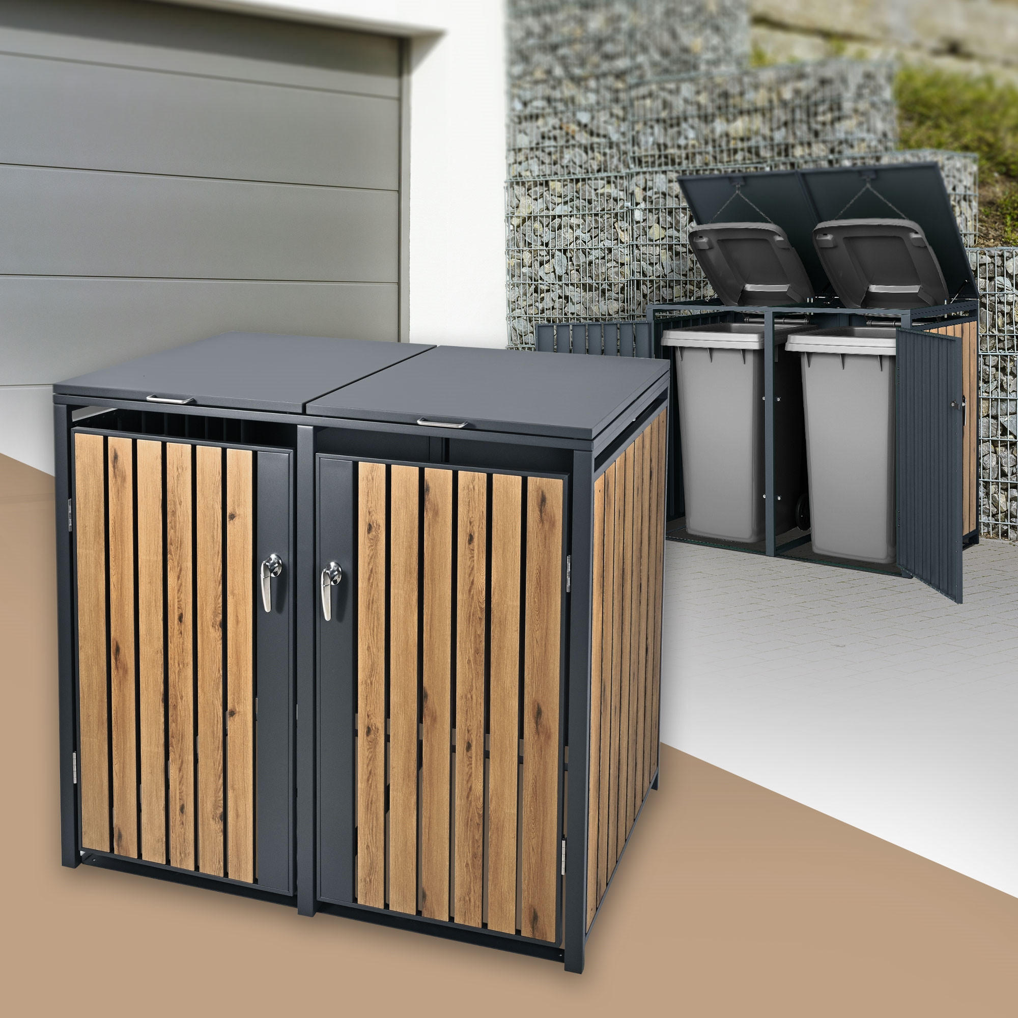 MÜLLTONNENBOX 2er Anthrazit-Eichenoptik - Dunkelbraun, Metall (80/116.3/132cm) - ML-DESIGN