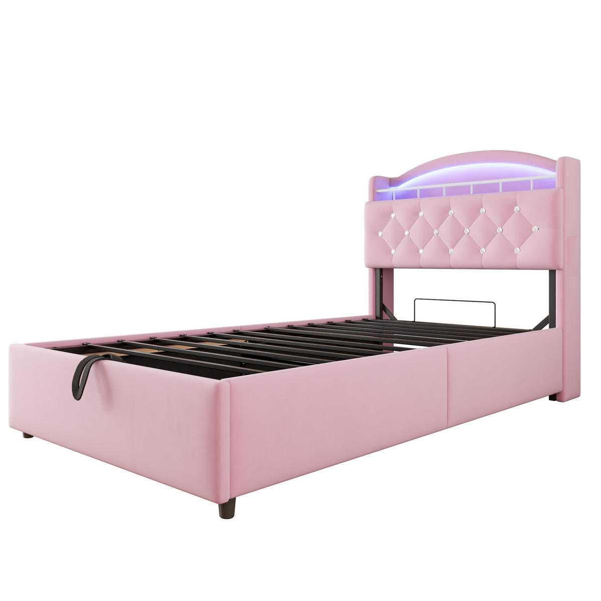 DJEČJI tapecirani krevet 90/200 cm ružičasti od tkanine s LED rasvjetom, USB priključcima i spremištem - pink, tekstil (90/200cm) - OKWISH