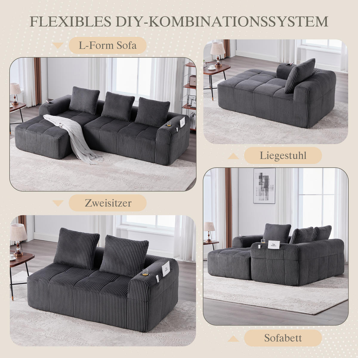 KOMPAKTSOFA Cord mit Modulsystem und Becherhalter 253/158/61 cm Dunkelgrau - Dunkelgrau, Textil (158/253cm) - Redom