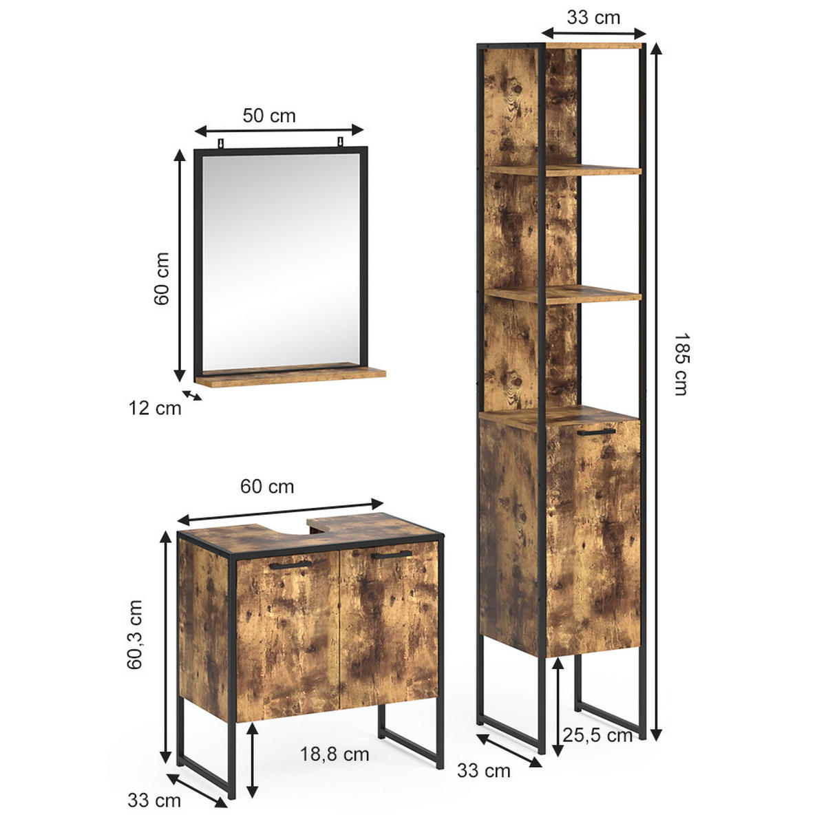 BADMÖBEL-SET Fyrk Antikholz 3 Teile, mit Hochschrank - Eichefarben/Schwarz, Holzwerkstoff (60/60/33cm) - Vicco