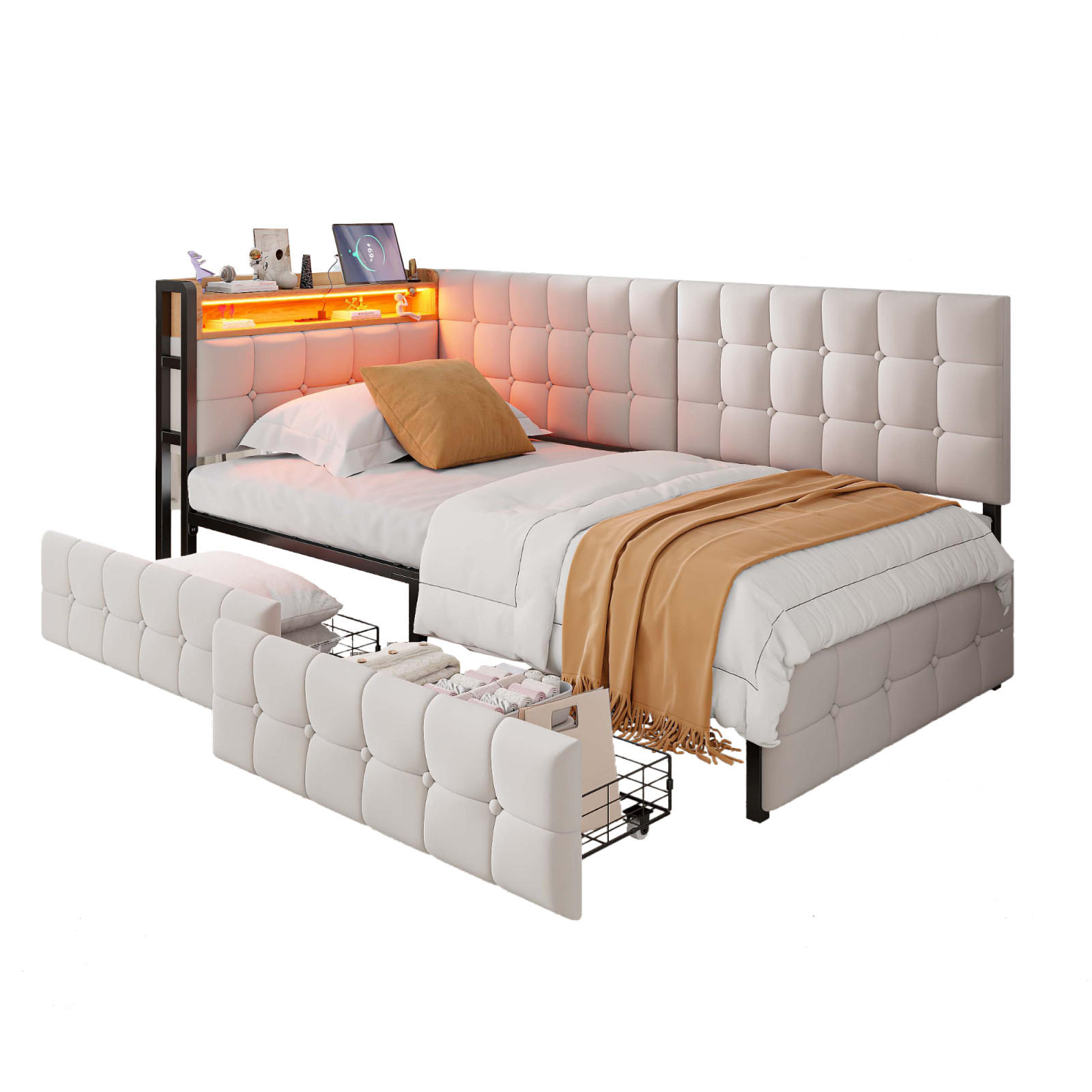 POLSTERBETT 90x200 cm mit LED, USB-C, Schubladen, Beige - Beige, Holz (90/200cm)