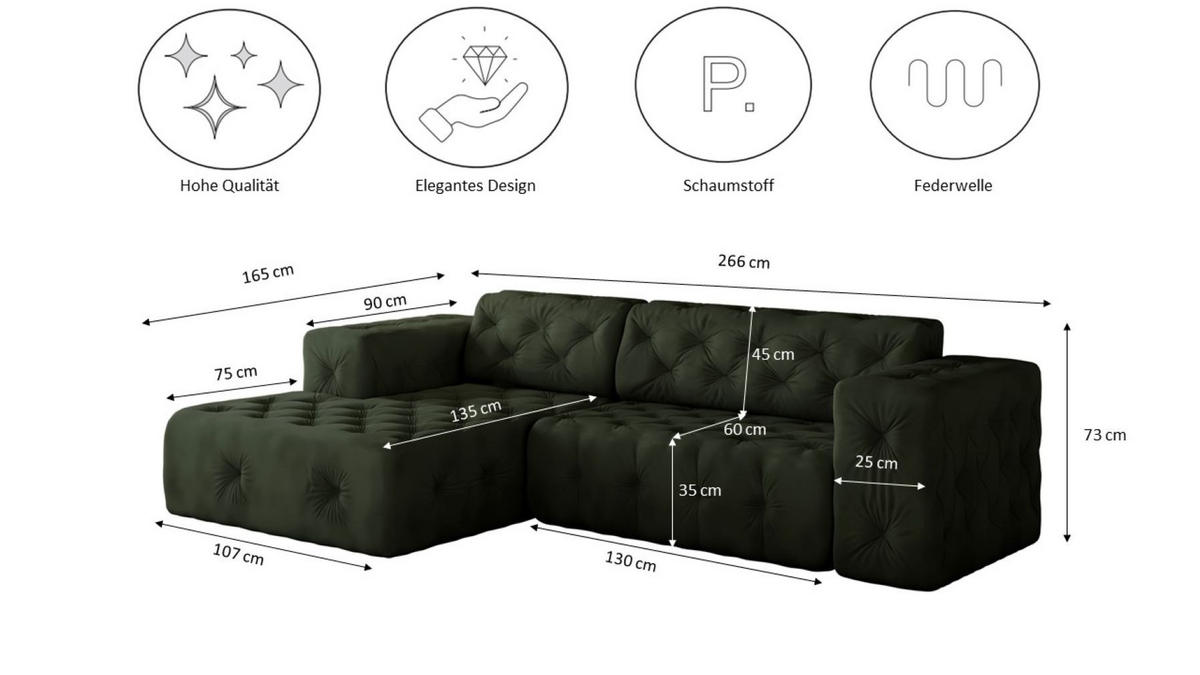 ECKSOFA L-Form Gesteppt LUX Stoff Whisper Links Grün - Grün, Holz/Kunststoff (165/266cm) - Kaiser Möbel
