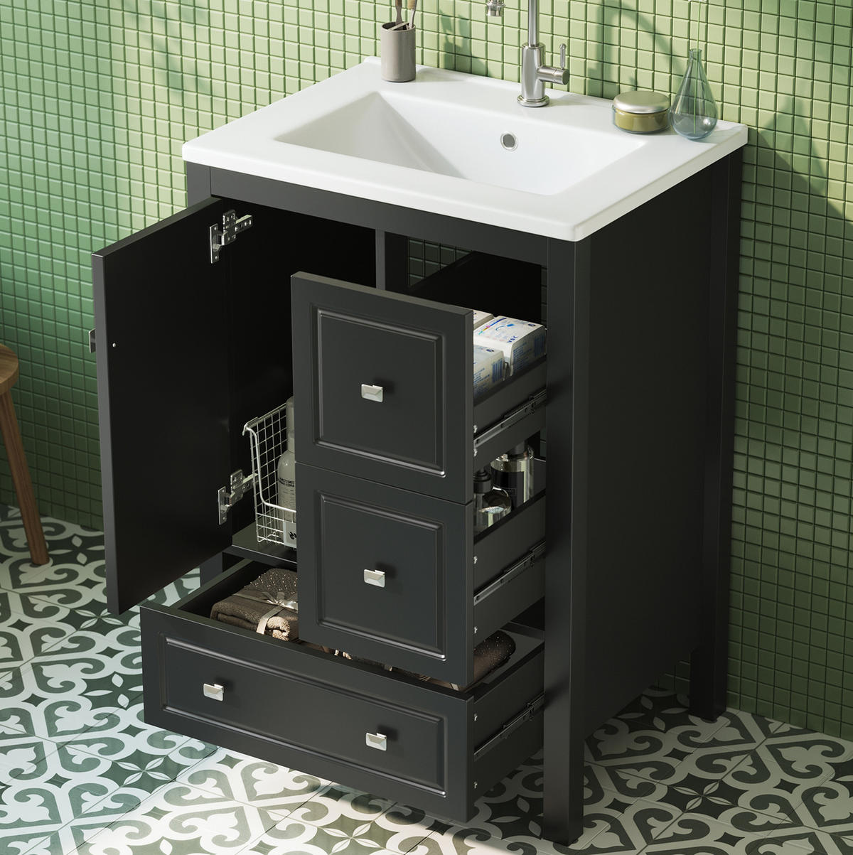 WASCHTISCH aus MDF und Keramik 62x47x90 cm Schwarz mit Stauraum und Soft-Close - Schwarz, Keramik (62/90/47cm) - Modfu
