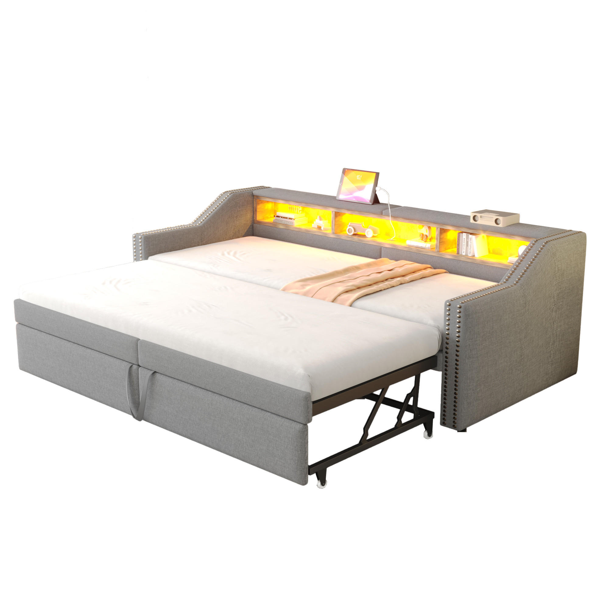 BETT 90/180 x 200 cm mit Auszug, USB und LED – inkl. 2 Matratzen - Hellgrau, Textil (90/200cm) - BEAOK